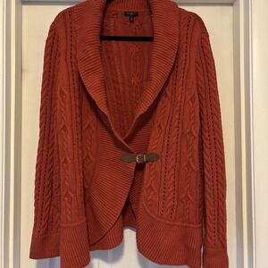 Talbots Lambswool Chunky Cable Knit Shawl Collar Cardigan Buckle Close Orange 1X